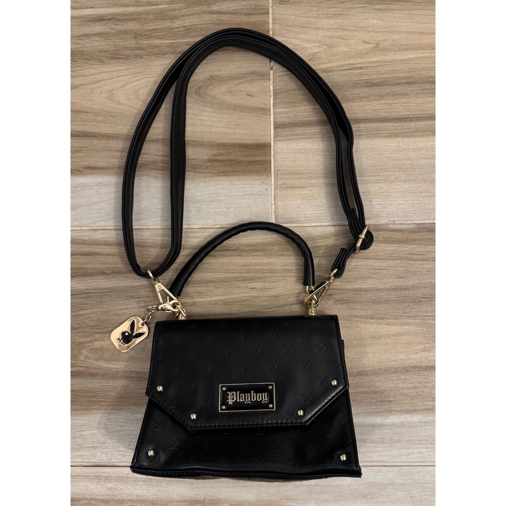 Playboy Black Embossed Bunny Logo Crossbody Bag Top Handle Gold Hardware Handbag